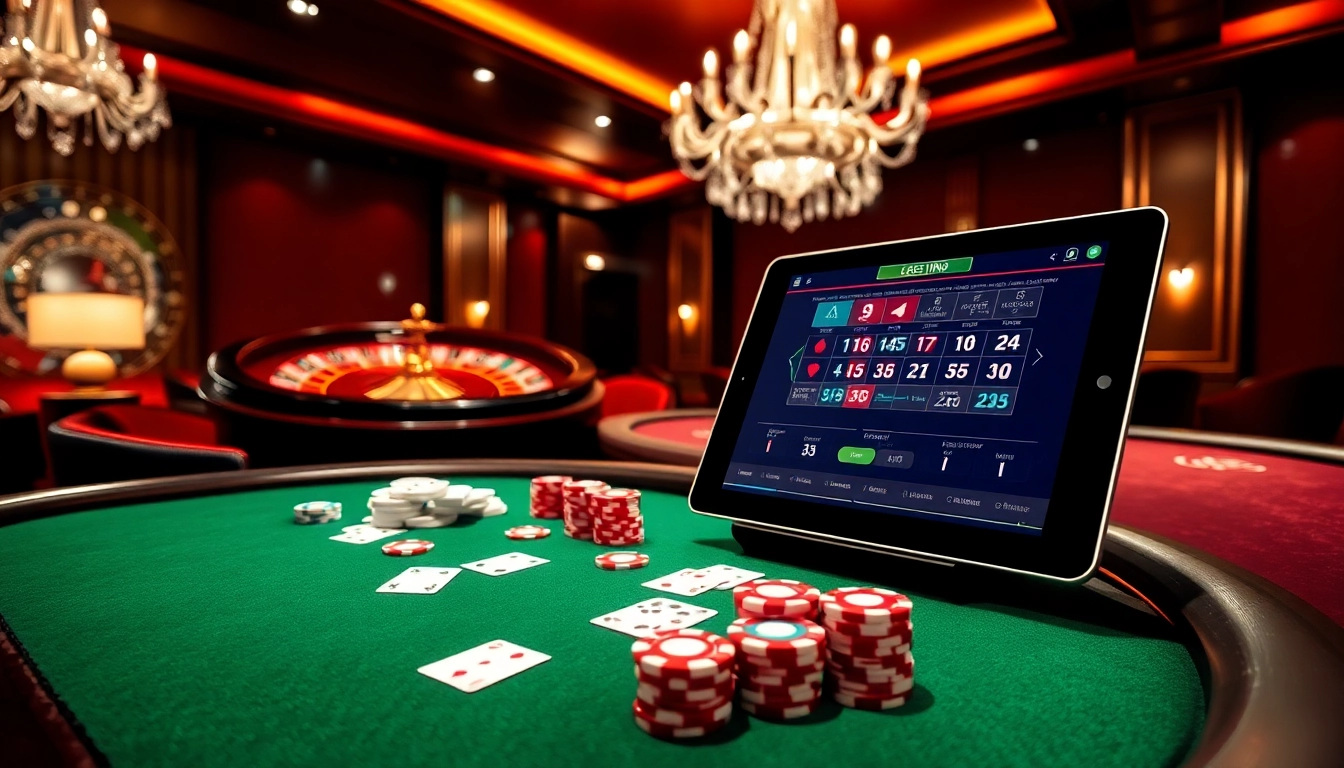 A vibrant casino scene at https://888vina.com/ showcasing a luxurious poker table with colorful chips and cards.