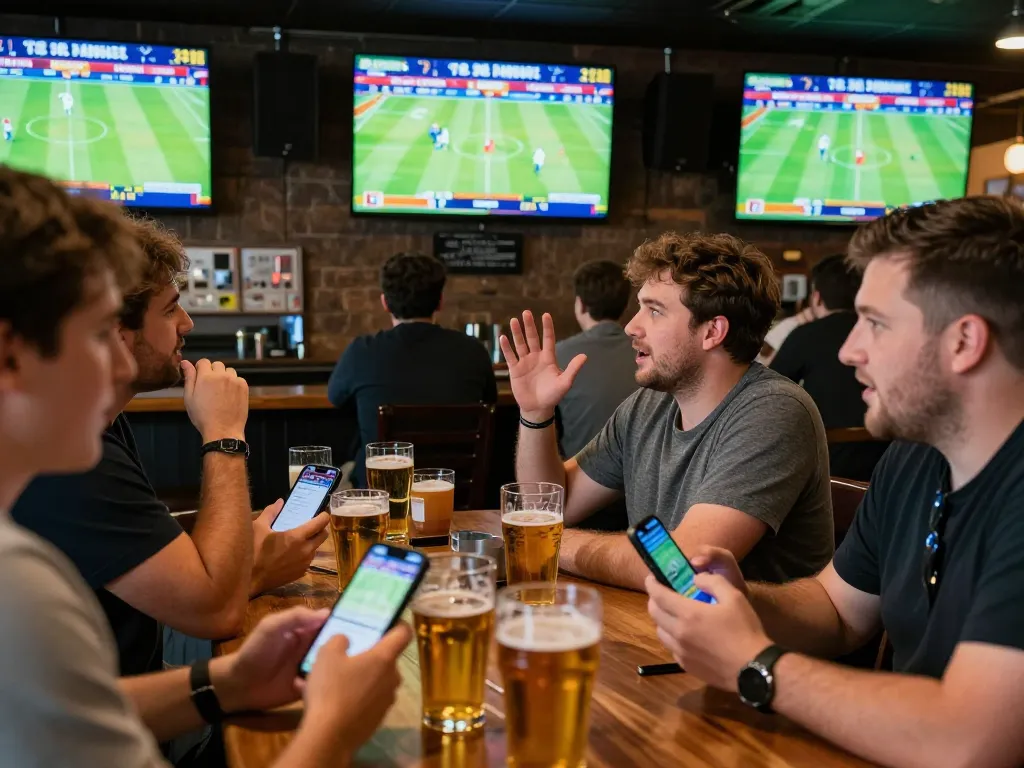 Patrons engaging with bongdallu sports betting apps while watching matches in an exciting sports bar.
