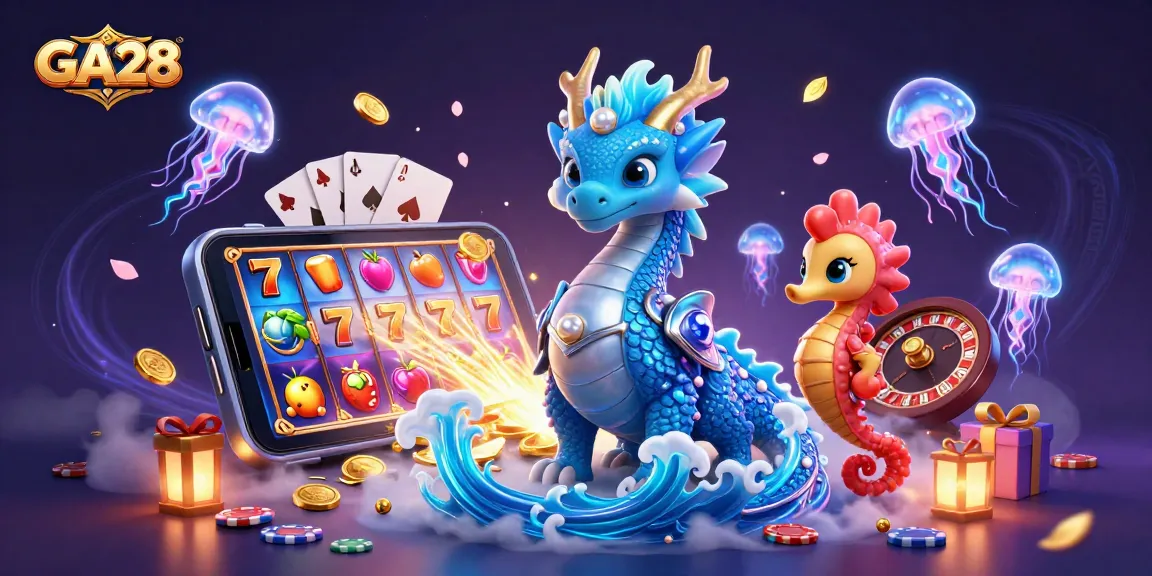 Engage with the thrilling GA28 gaming experience featuring a dragon, seahorse knight, and glowing jellyfish.