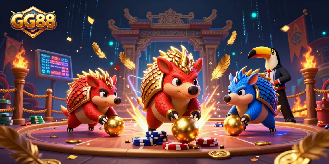 Engage in exciting gaming at GG88 with vibrant pangolins, golden scales, and casino elements.
