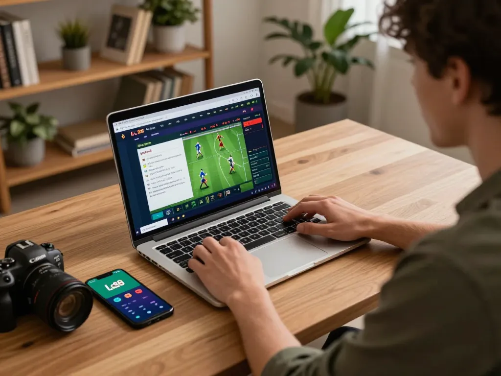 Player engaging with the Lc88 online betting platform, showcasing sports betting strategy amidst a cozy home setup.