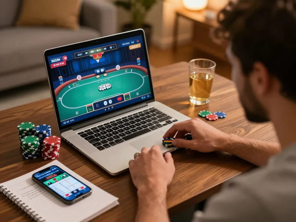 Player enjoying online poker at 33win, highlighting strategic gameplay and cozy atmosphere.