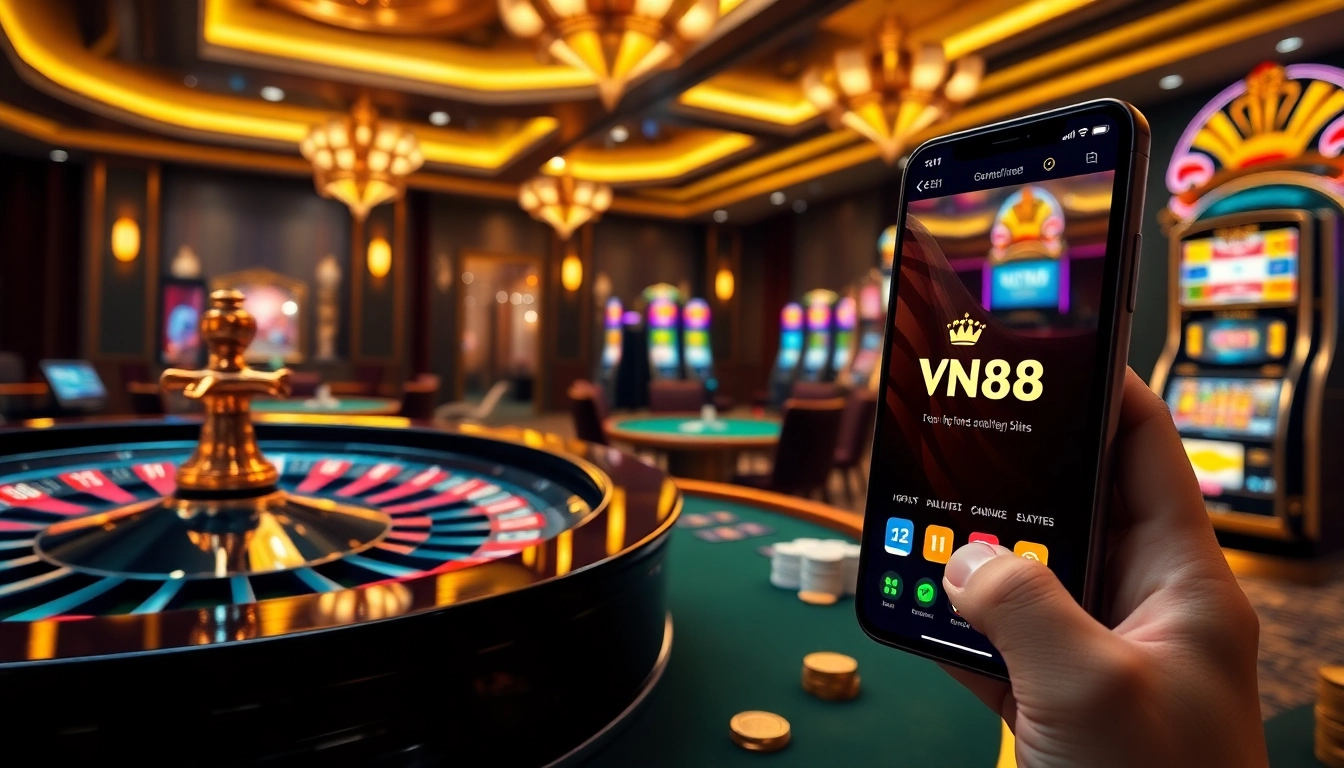 Engage in thrilling games at https://vn88.gives/, showcasing a vibrant online casino with poker tables and roulette wheels.