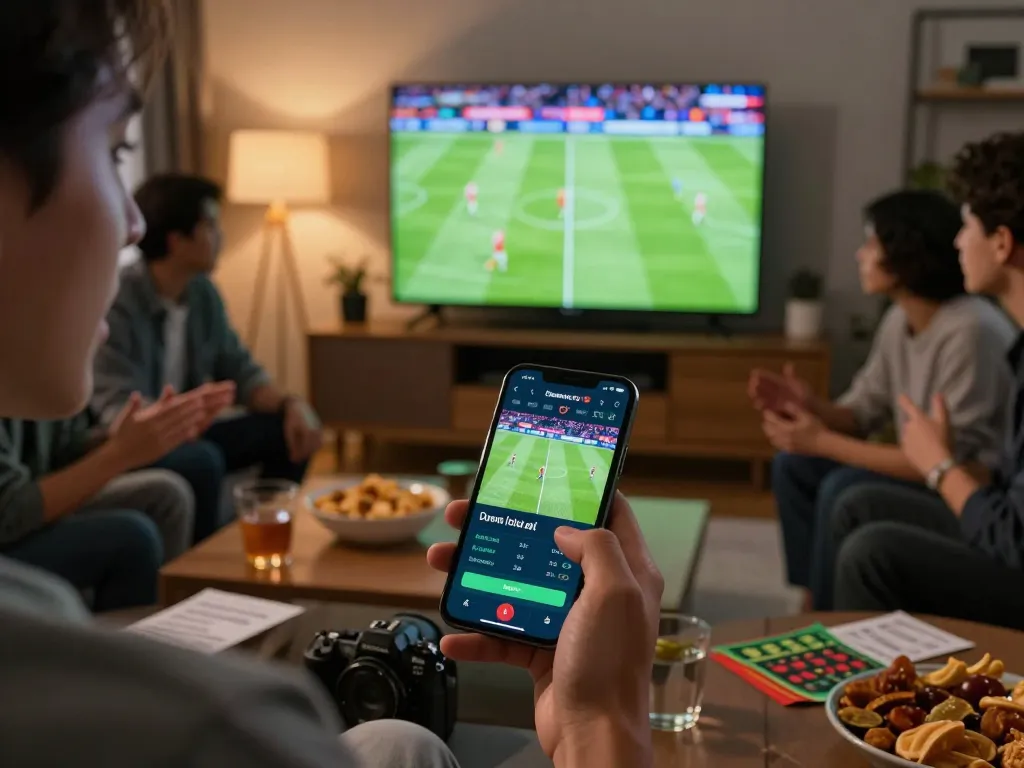 Excited individual placing live bets on football matches using the tylekeonhacai88 app in a lively sports betting environment.