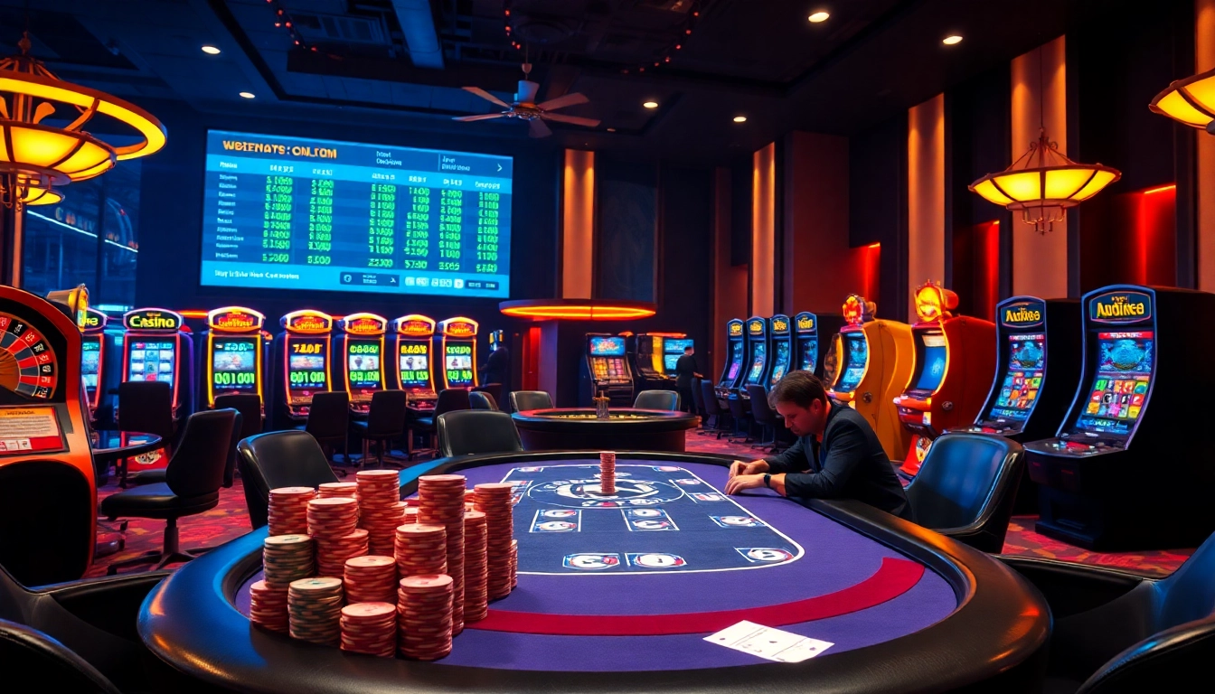Experience thrilling gameplay at https://okfun.cn.com/, featuring a vibrant casino scene with poker and slots.