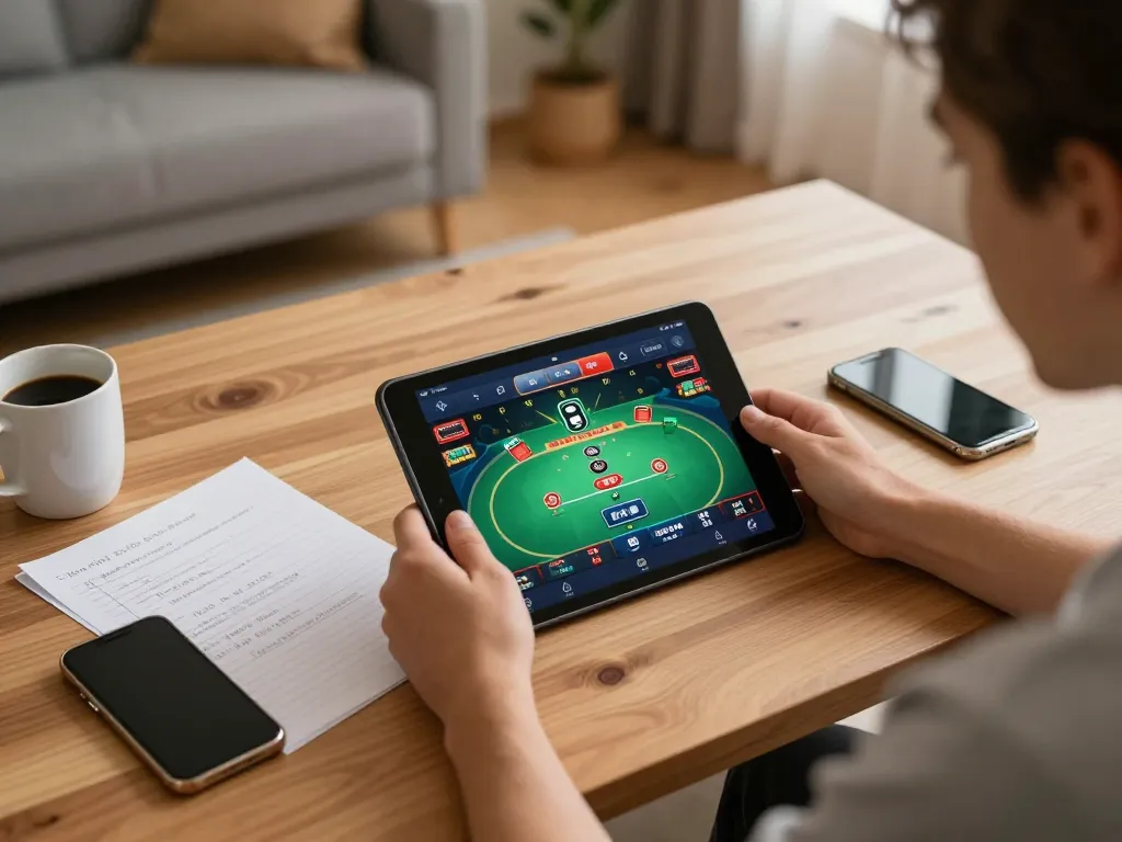 Engaged user playing casino games on a tablet via abc8 app in a cozy home setup.
