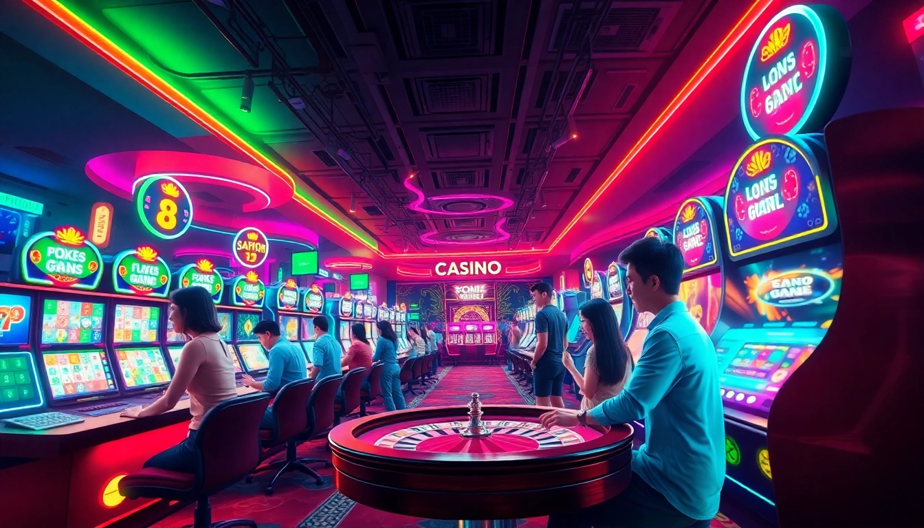 88clb vibrant online casino scene with players enjoying games, showcasing excitement and luxury.