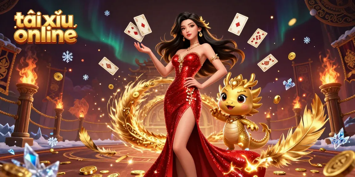 Engage in thrilling tài xỉu online experiences with an elegant Asian woman and golden dragon mascot.