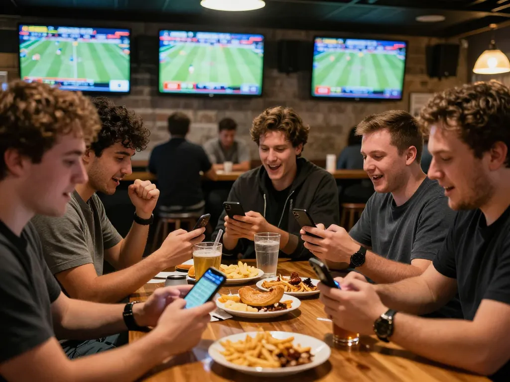 Experience thrilling sports betting action as friends celebrate ผลบอล while cheering for their teams