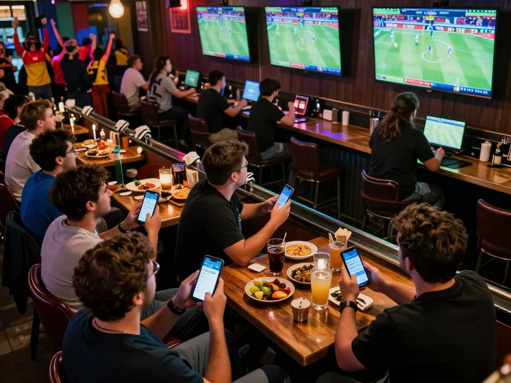 Sports fans engaging in live betting at BJ88 during an exciting match, immersed in the lively atmosphere.