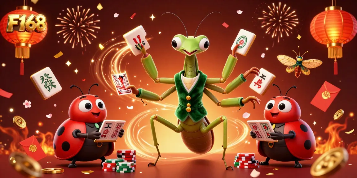Experience the vibrant F168 casino scene with a giant mantis card sharp, ladybug pit boss, and playful elements.