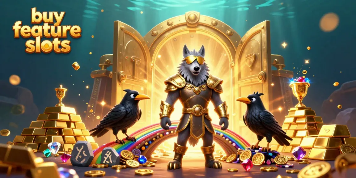 Engage with buy feature slots featuring Odin and his ravens in an enchanting casino scene filled with treasure.