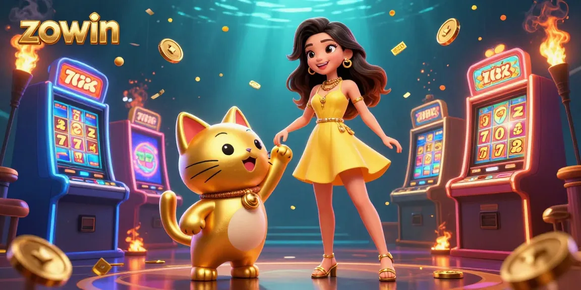 Experience the excitement of zowin slots with vibrant characters and golden casino elements.