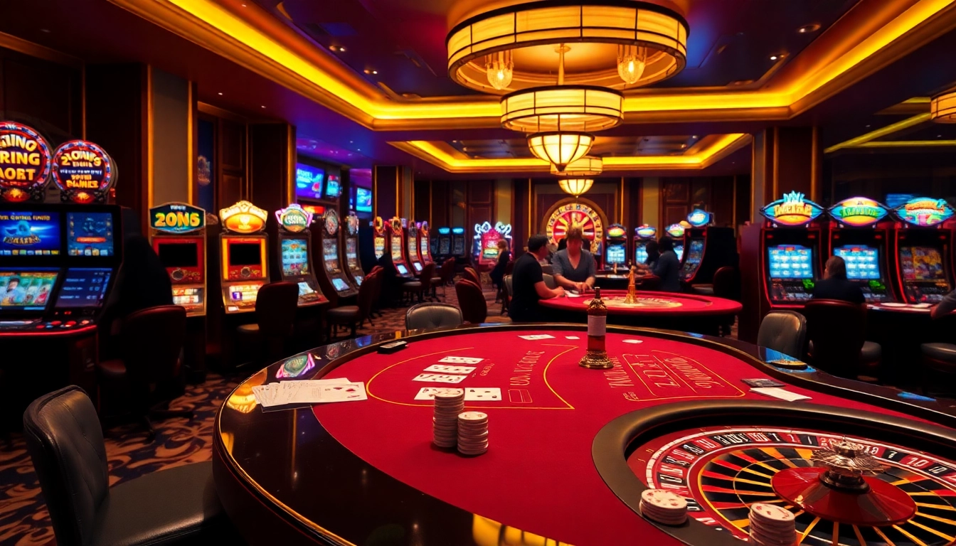 iq88 gaming table surrounded by vibrant slot machines and excited players.