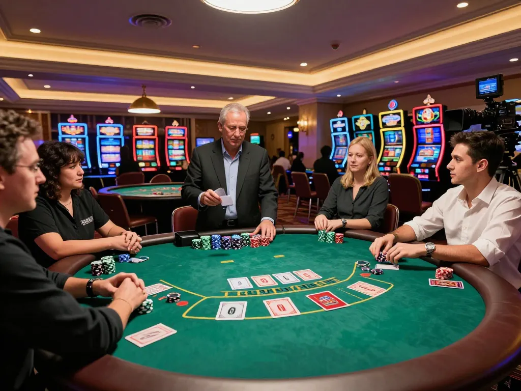 Players engaged at a go8 blackjack table, focusing on gameplay and strategy amidst a vibrant casino atmosphere.
