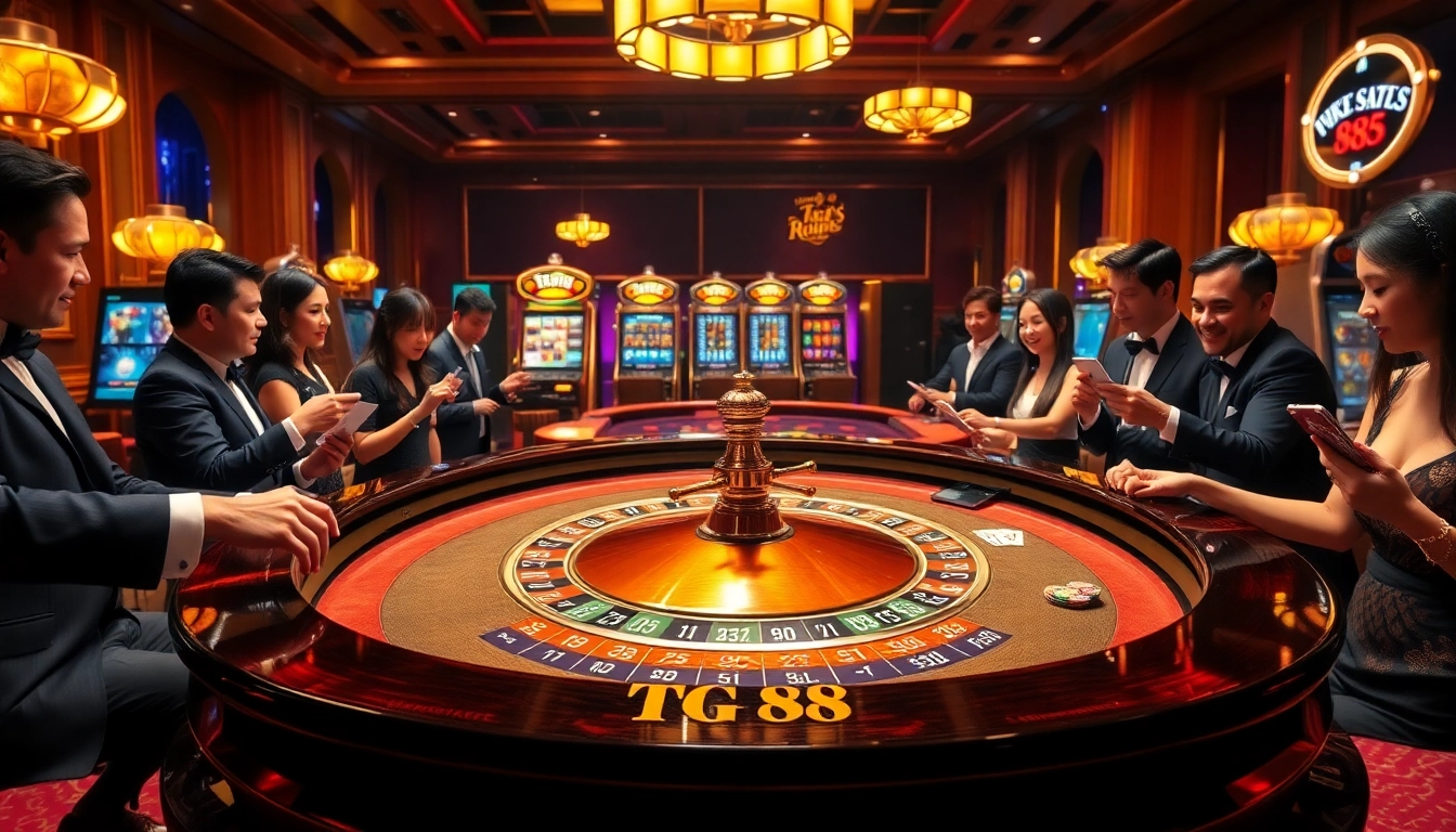 Gamblers excitedly engage with the TG 88 roulette table in a luxurious casino scene.
