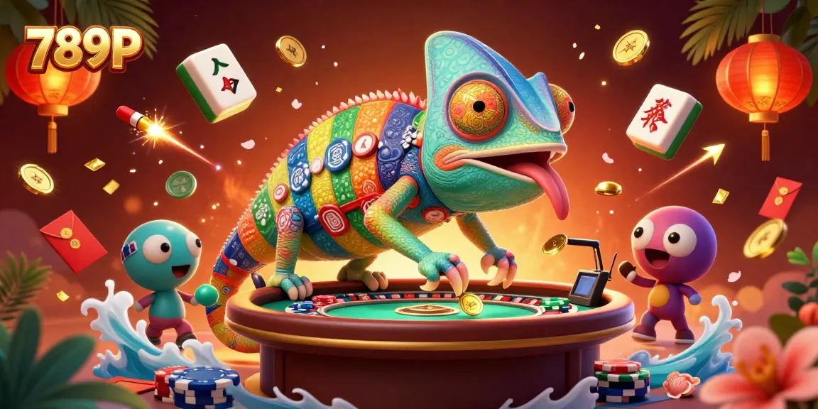 Engage with the vibrant scene at 789P featuring a chameleon casino owner surrounded by festive elements.