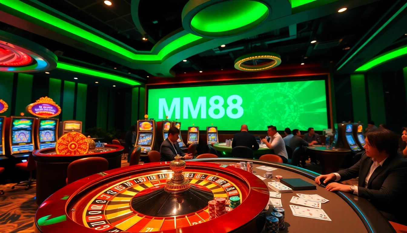 Experience thrilling gameplay at MM88 with vibrant casino tables and excited players.