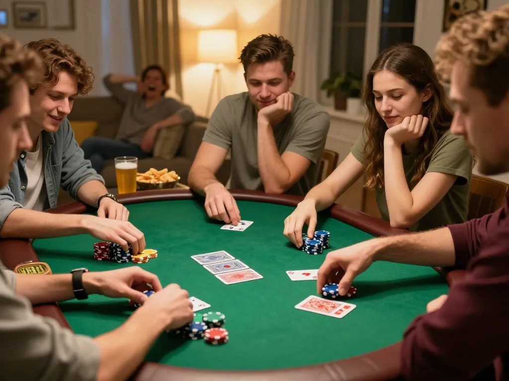 Friends enjoying a poker night with vebotv, showcasing strategy and engagement in a home setting.