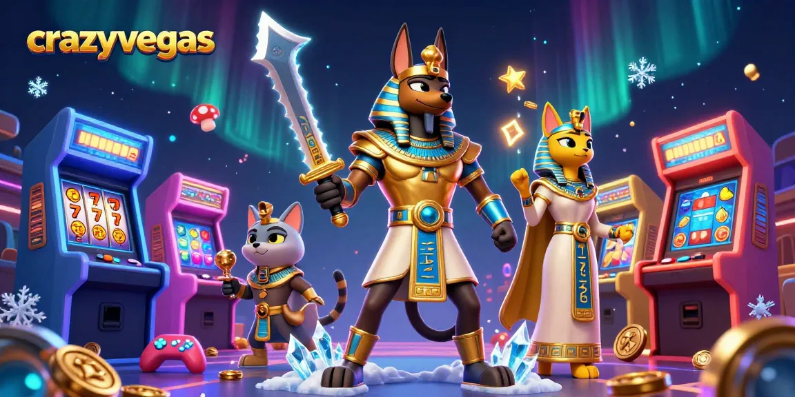 Experience the thrill of crazyvegas with Anubis and Bastet amidst colorful slot game elements.