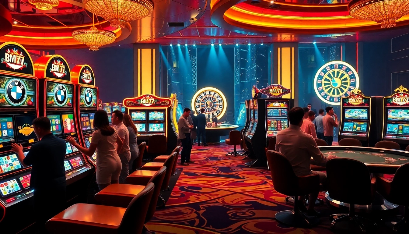 Exciting slot gaming scene featuring Bmw777 machines amidst a vibrant casino setting.