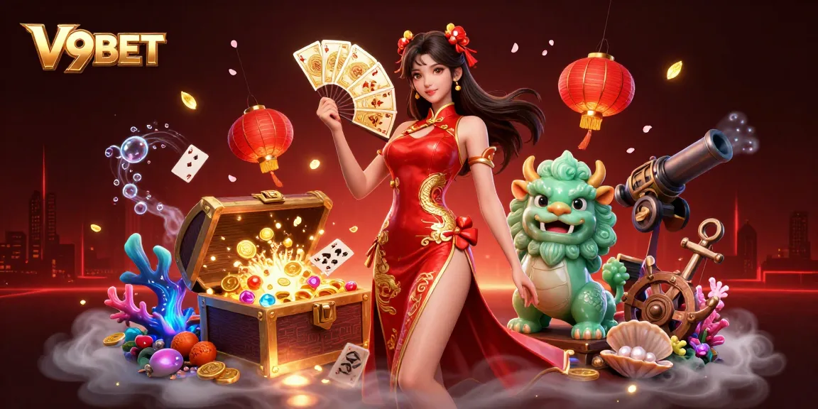 Win big with V9BET in this vibrant casino scene featuring traditional gaming and colorful elements.