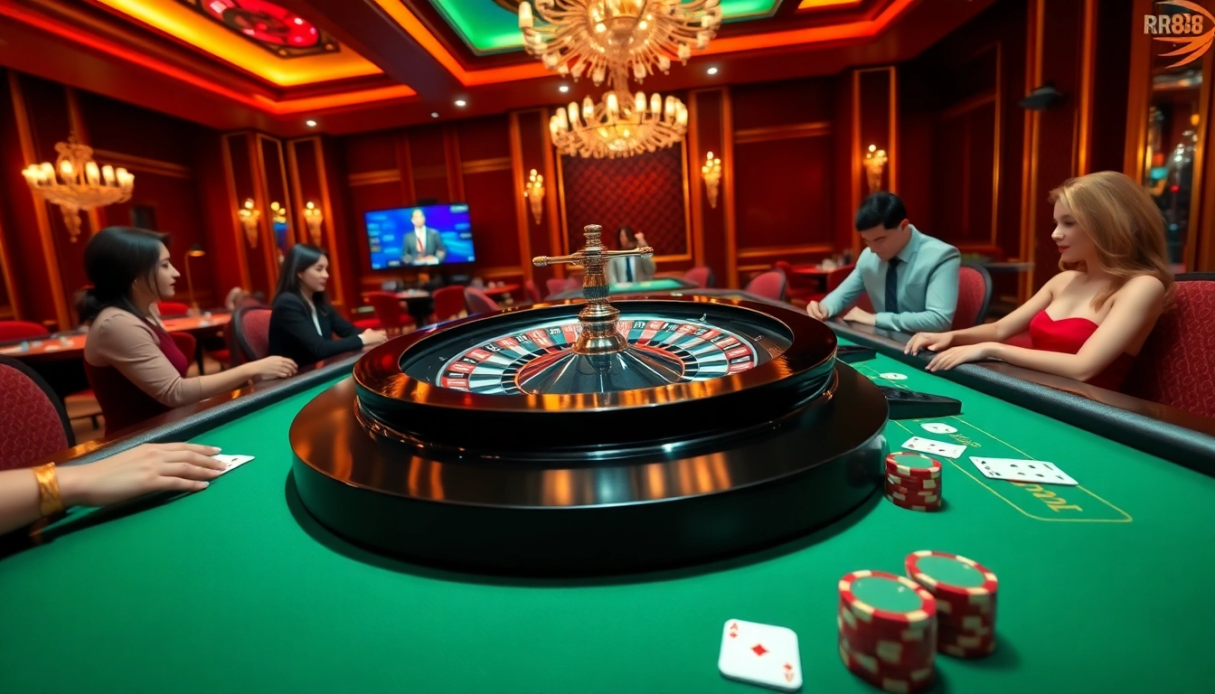 Experience luxury gaming at RR88 with a live dealer roulette wheel and baccarat table.
