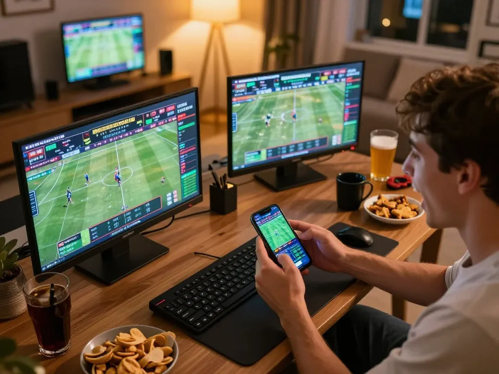 PHDREAM6268 user placing bets on their smartphone during a lively sports betting session at home.