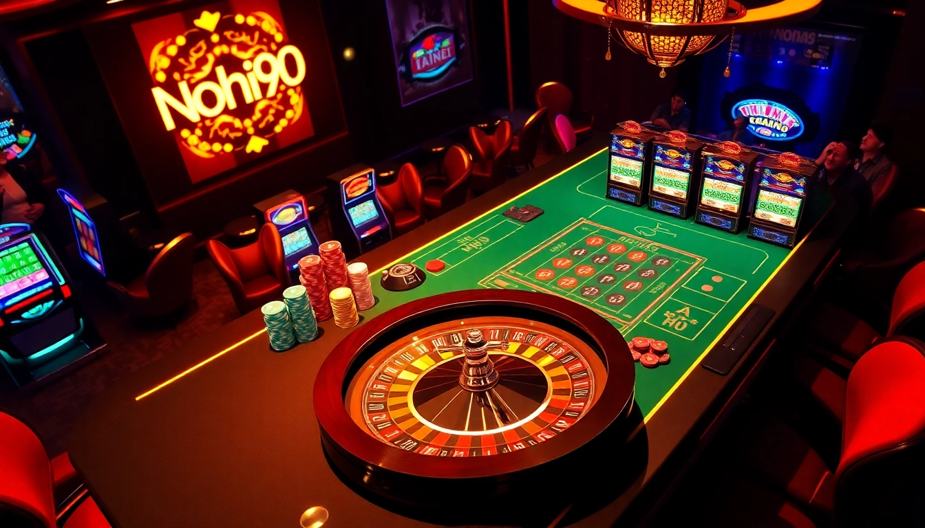 Nohu90 gamers celebrating a win at an exciting casino table with vibrant chips and a spinning roulette wheel.