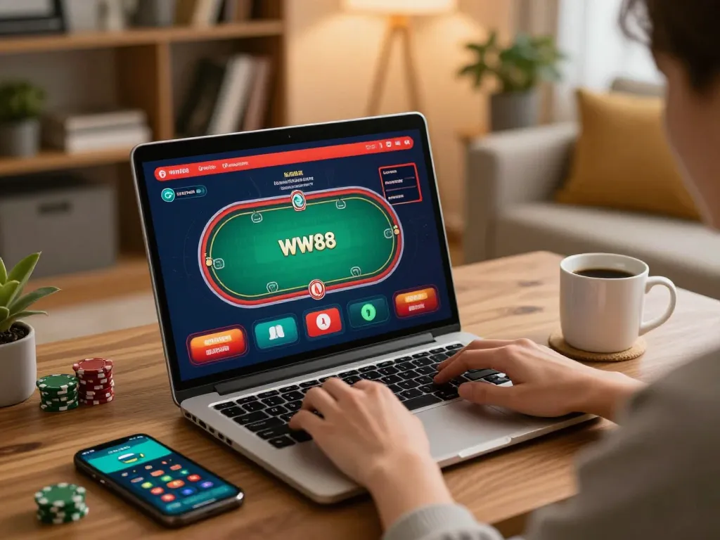 Engaging in online casino games on WW88 with a laptop, showcasing vibrant gaming atmosphere