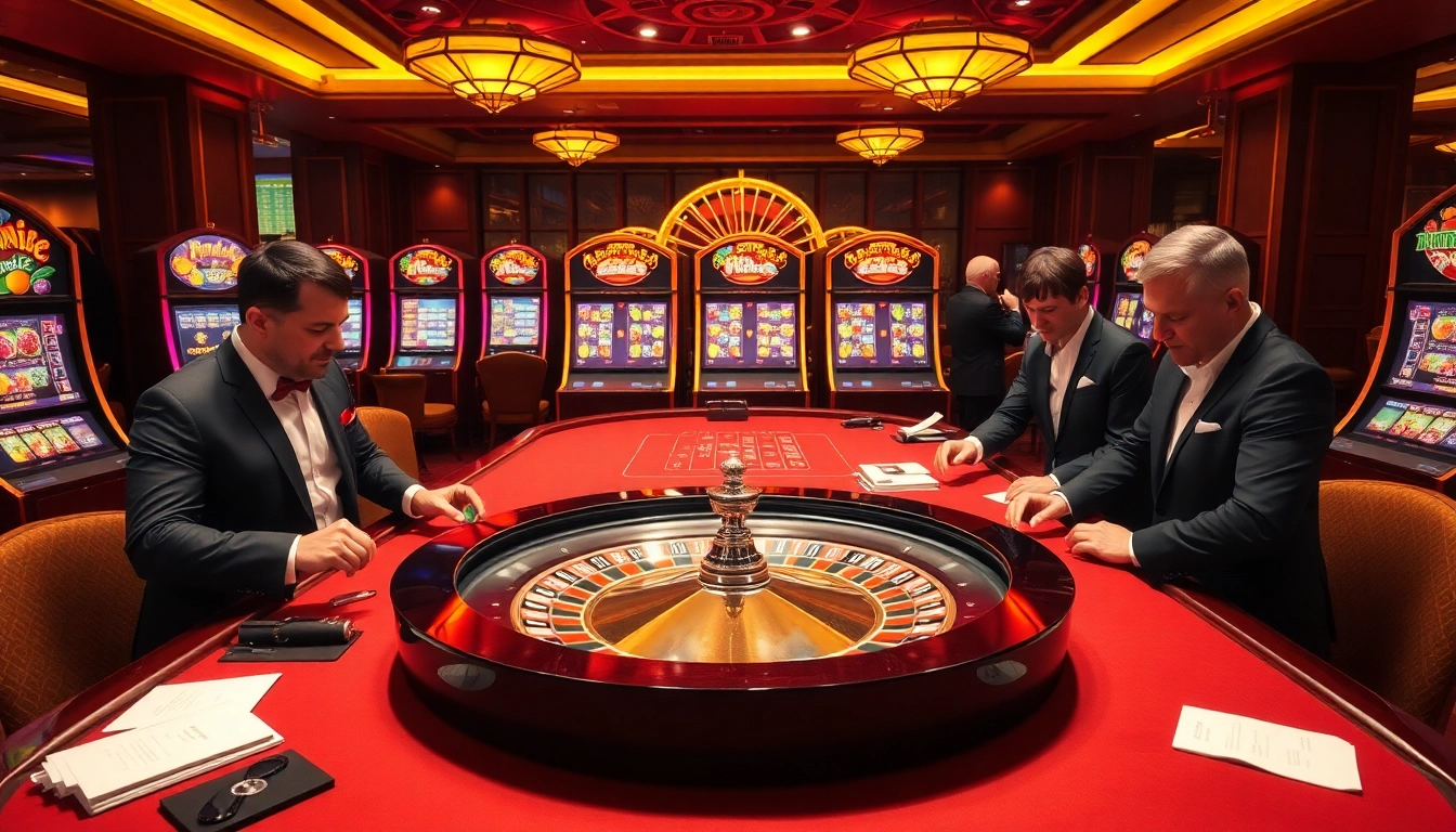 Exciting casino scene with players interacting at roulette and slot machines, highlighting bsport betting dynamics.