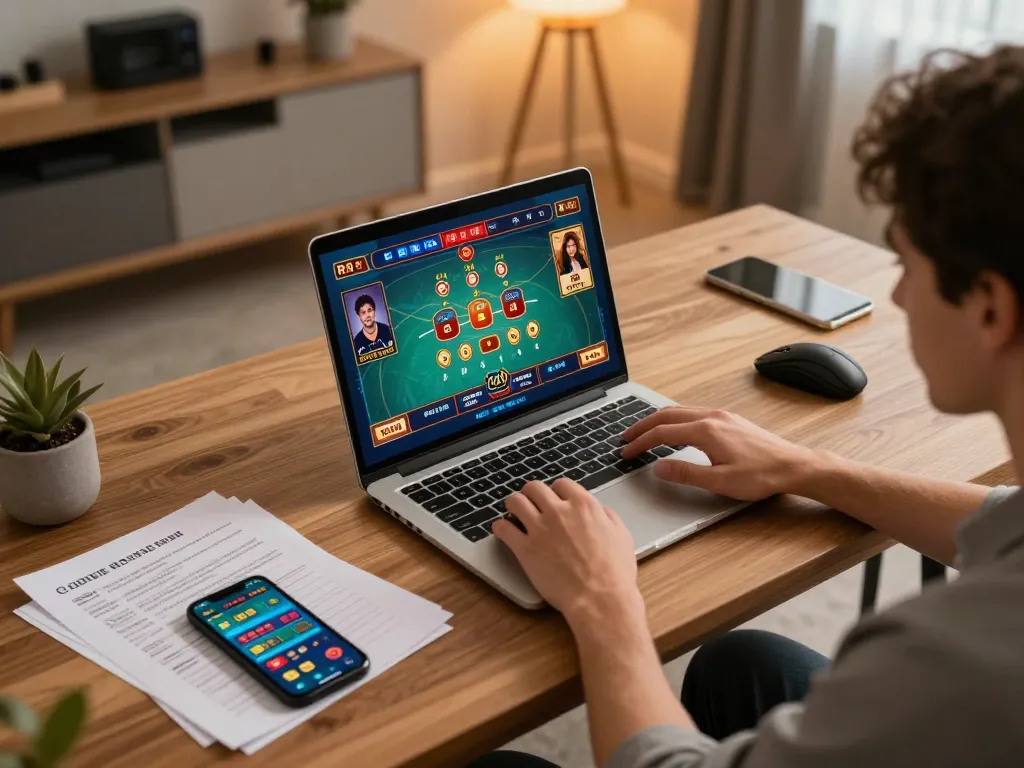 Person enjoying nohu90 online gambling experience in a cozy workspace setup