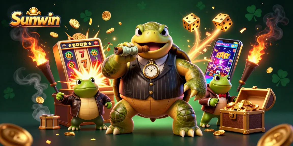 Spin the reels with Sunwin's immersive casino experience featuring a whimsical snapping turtle and frogs.