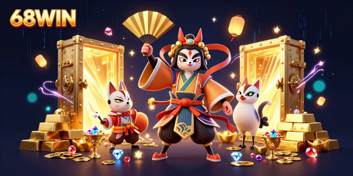 68WIN showcases colorful kabuki warrior and kitsune in a dynamic casino scene with sparkling treasures.