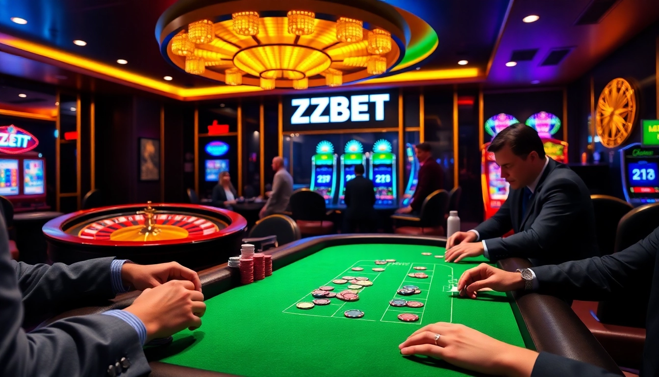 Players enjoy high-stakes poker at ZBET casino table, surrounded by roulette and slot machines.