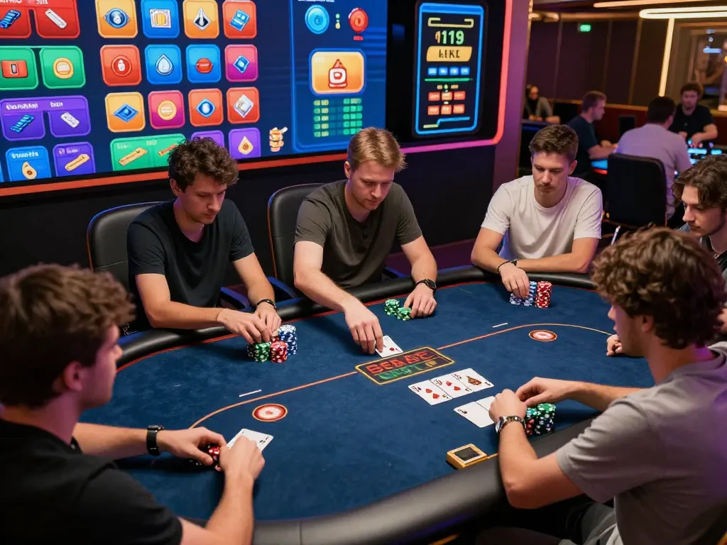 LLwin poker players strategizing during an intense online gaming session with vibrant digital displays and animated chips.