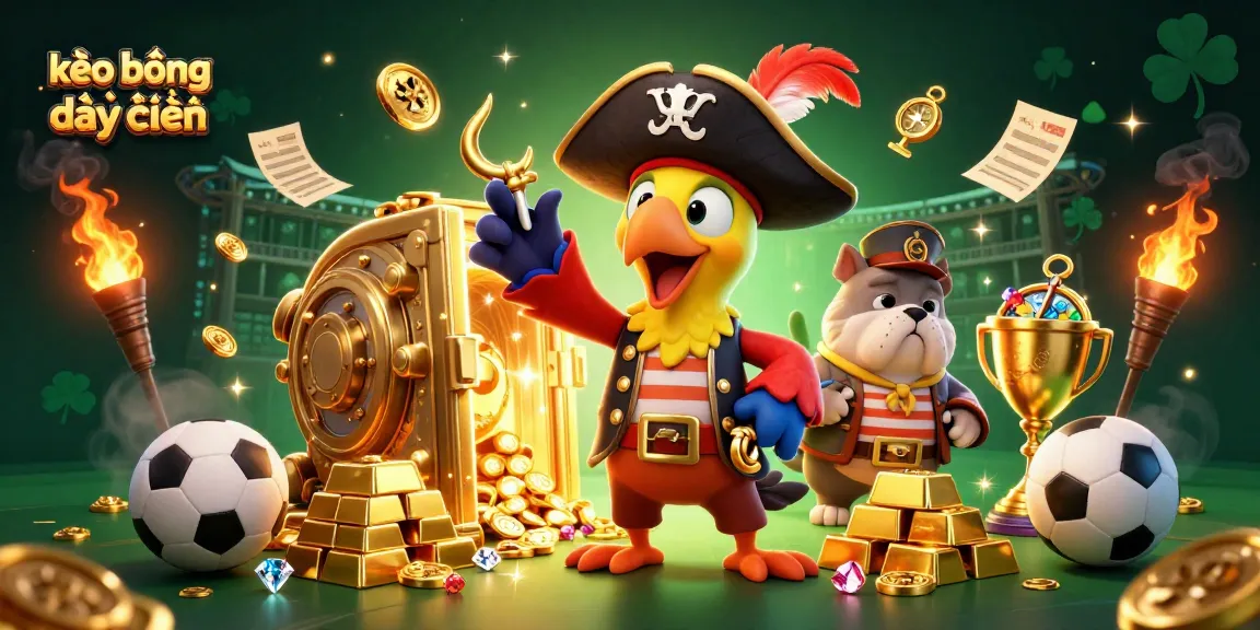 Experience thrilling kèo bóng đá trực tuyến with a lively pirate captain and characters amid gold and trophies.