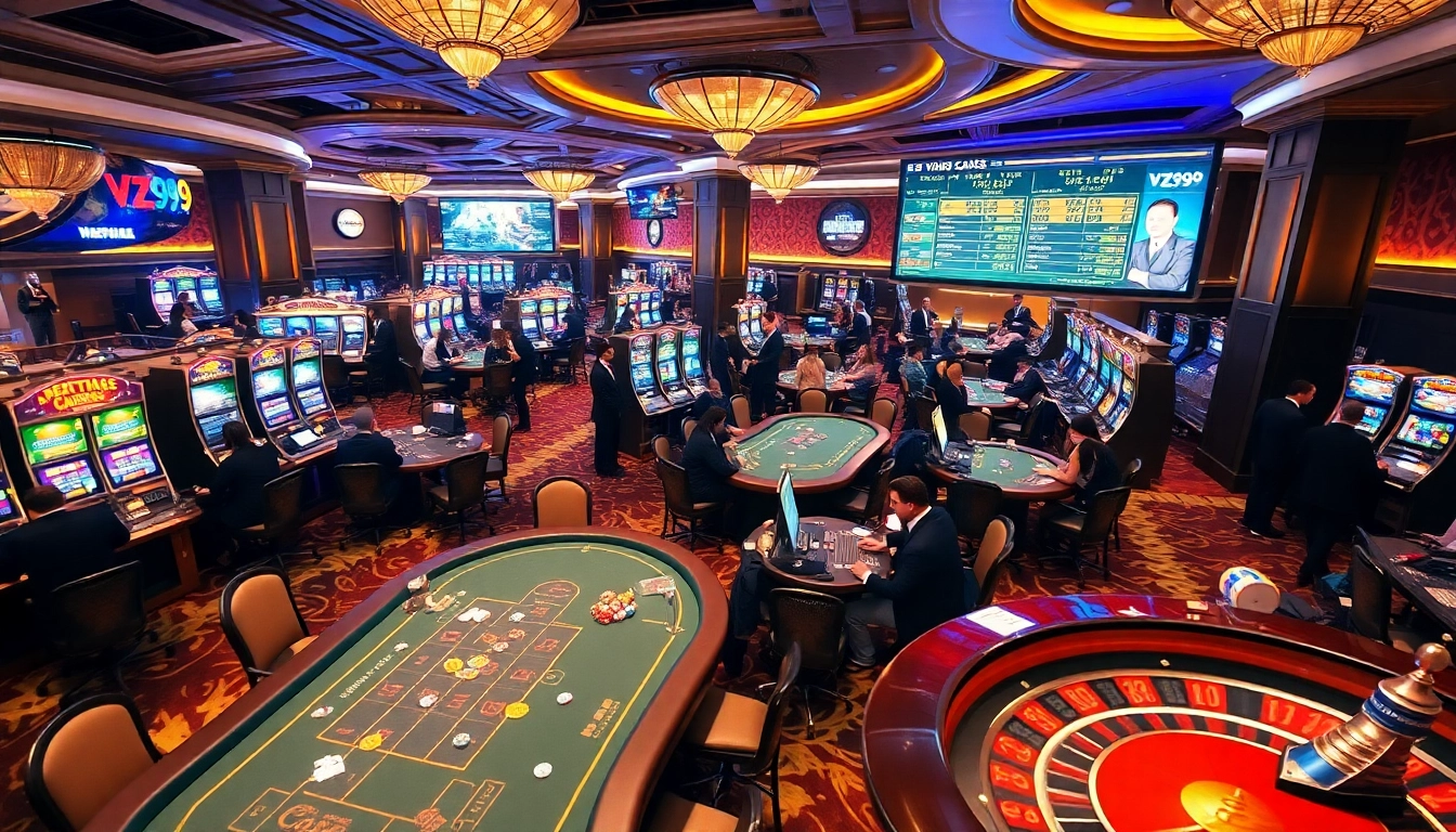 Experience the excitement of VZ99 casino with players enjoying poker and slots in a vibrant setting.