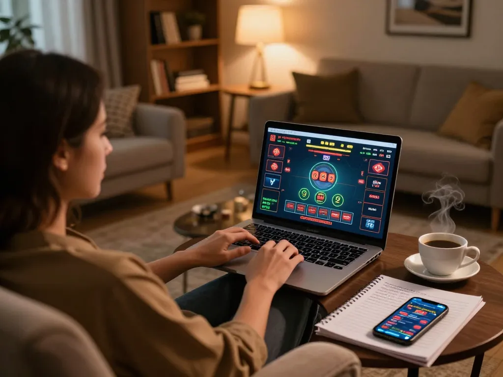 Engaged player experiencing nhà cái uy tín on a laptop at home, enjoying online casino gaming.