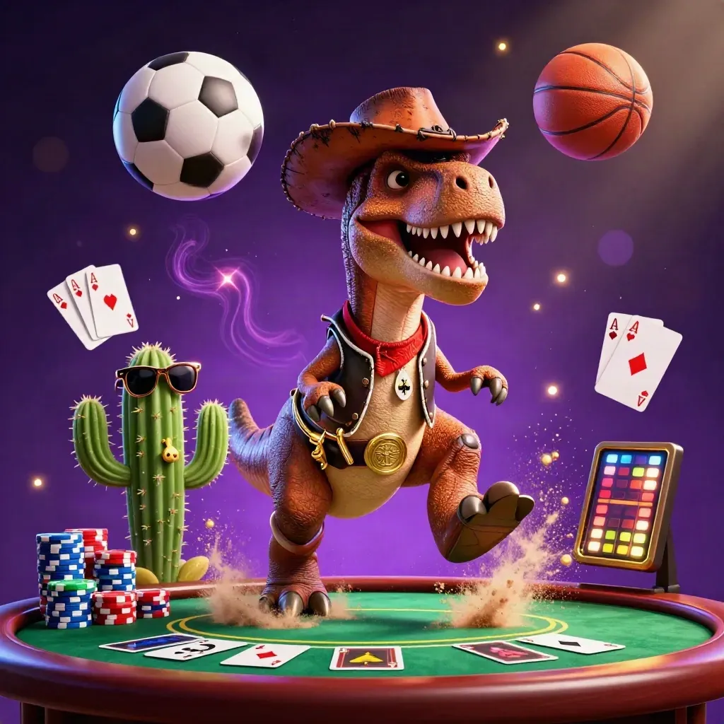 Cowboy T-Rex, cactus sidekick and roadrunner amid flying balls, chips and casino glow.
