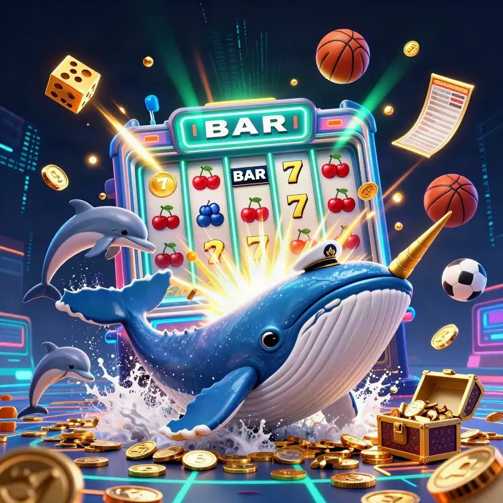 Whale captain, narwhal, dolphins, coins, slots, dice, chest, balls, neon casino blast