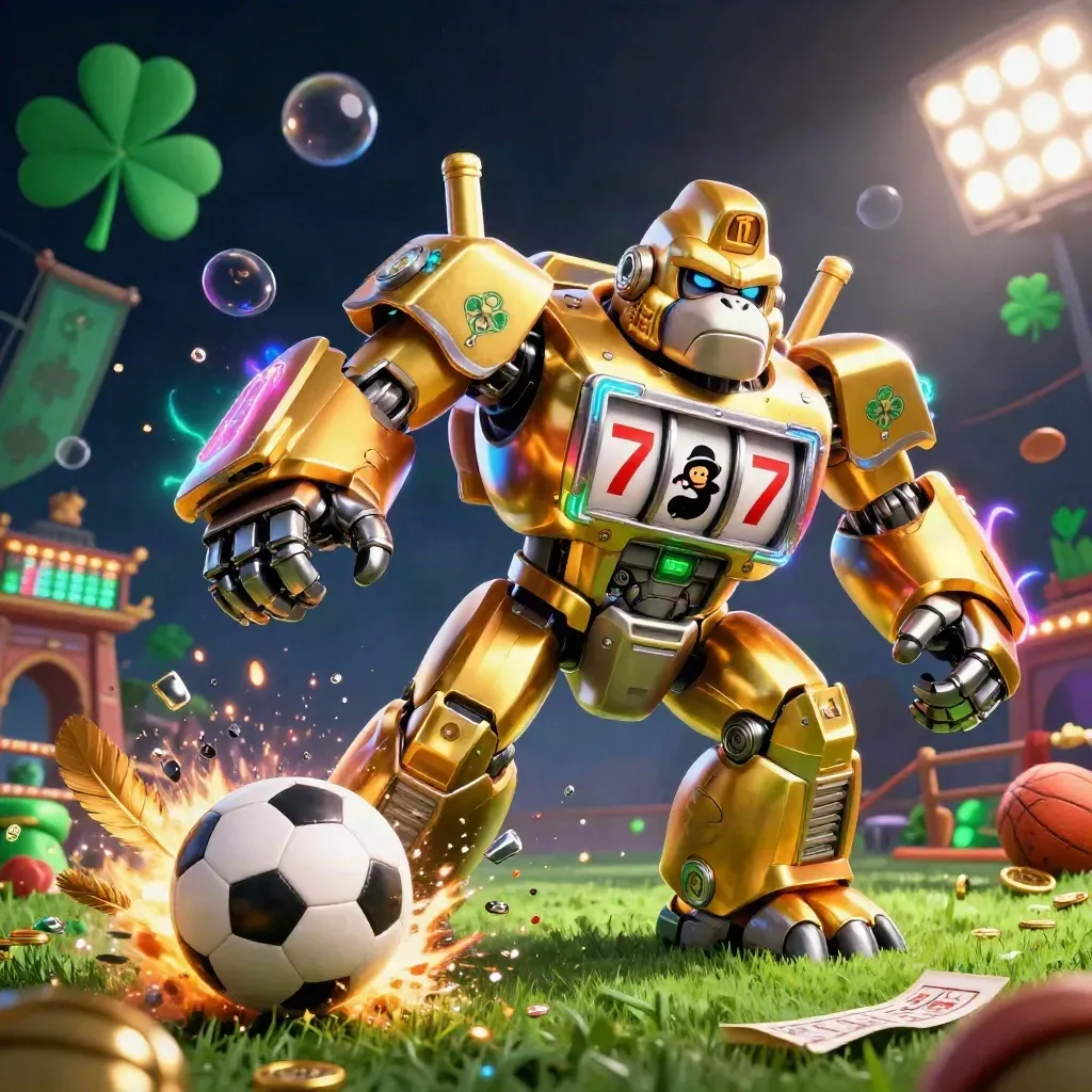 Golden gorilla mech with monkey pilot blasting a soccer ball and basketball amid casino-ring sparks