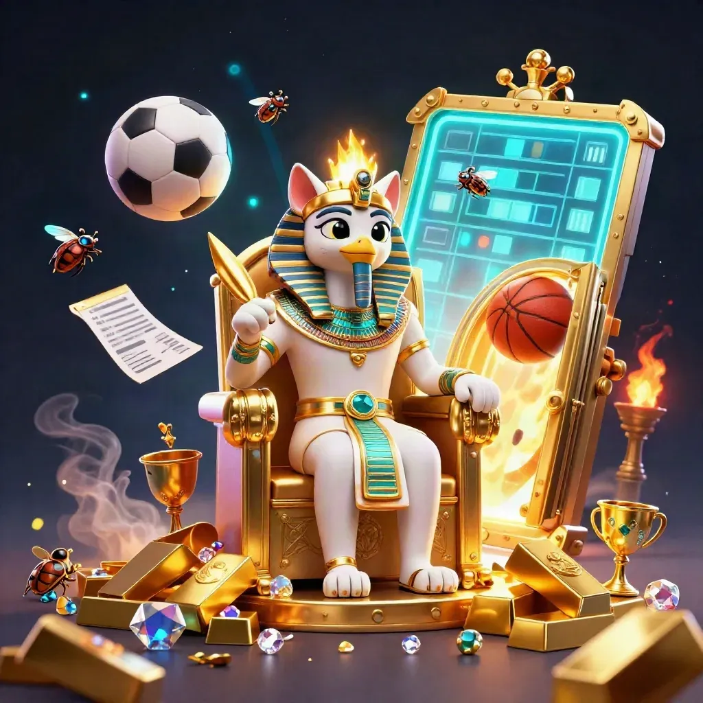 Pharaoh cat, ibis scribe and gem scarabs amid flying sports balls, gold and vault light in a neon casino scene.