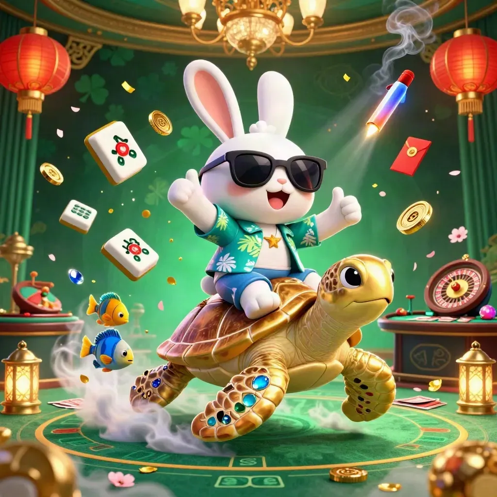 Lucky rabbit on golden sea turtle amid neon casino lights, lanterns, coins, runes, and roulette.