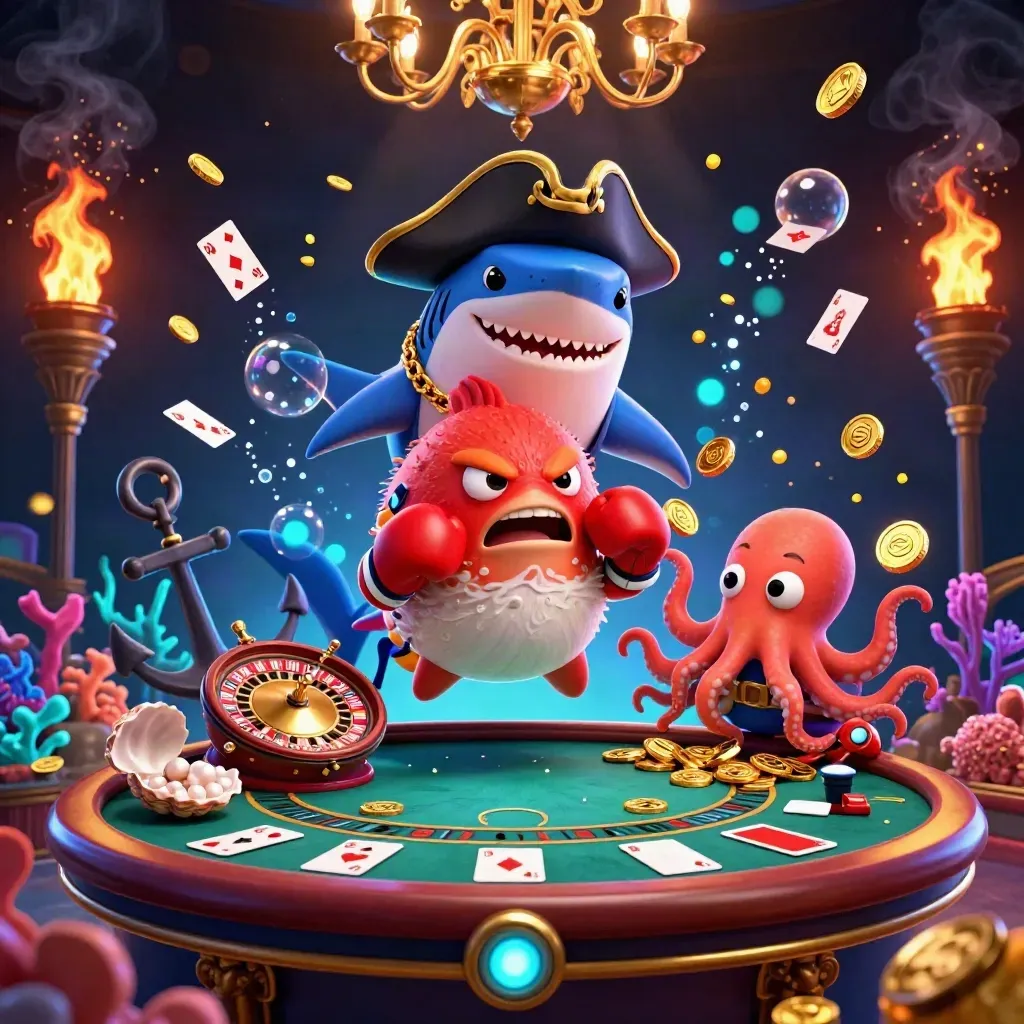 Pirate shark, boxing pufferfish, and coin-juggling octopus in a neon underwater casino cove.