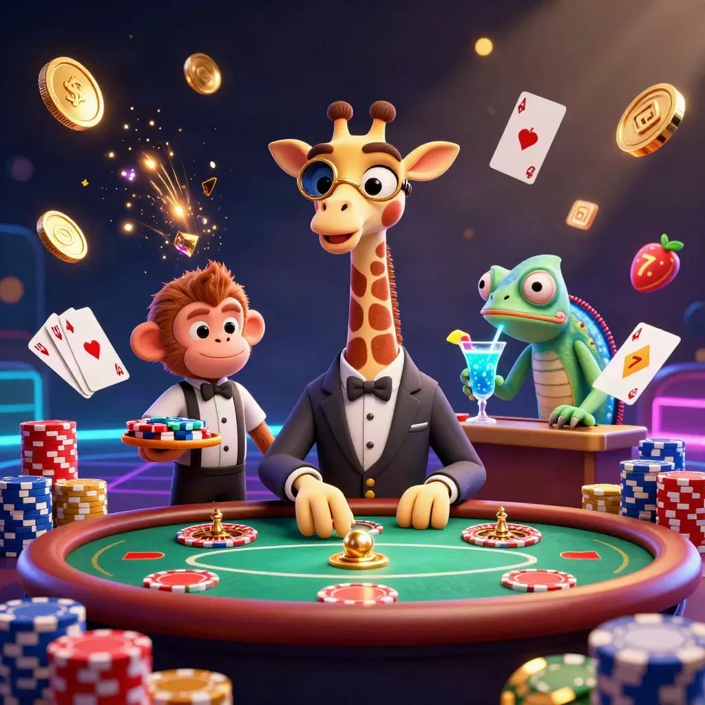 Giraffe high roller, monkey valet and chameleon bartender amid coins, chips and neon casino glow.