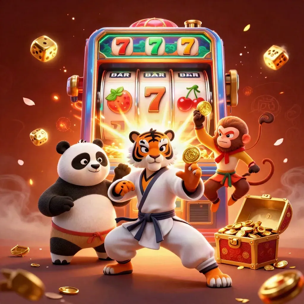 Tiger master, panda disciple, and monkey steal gold amid a bursting slot machine.