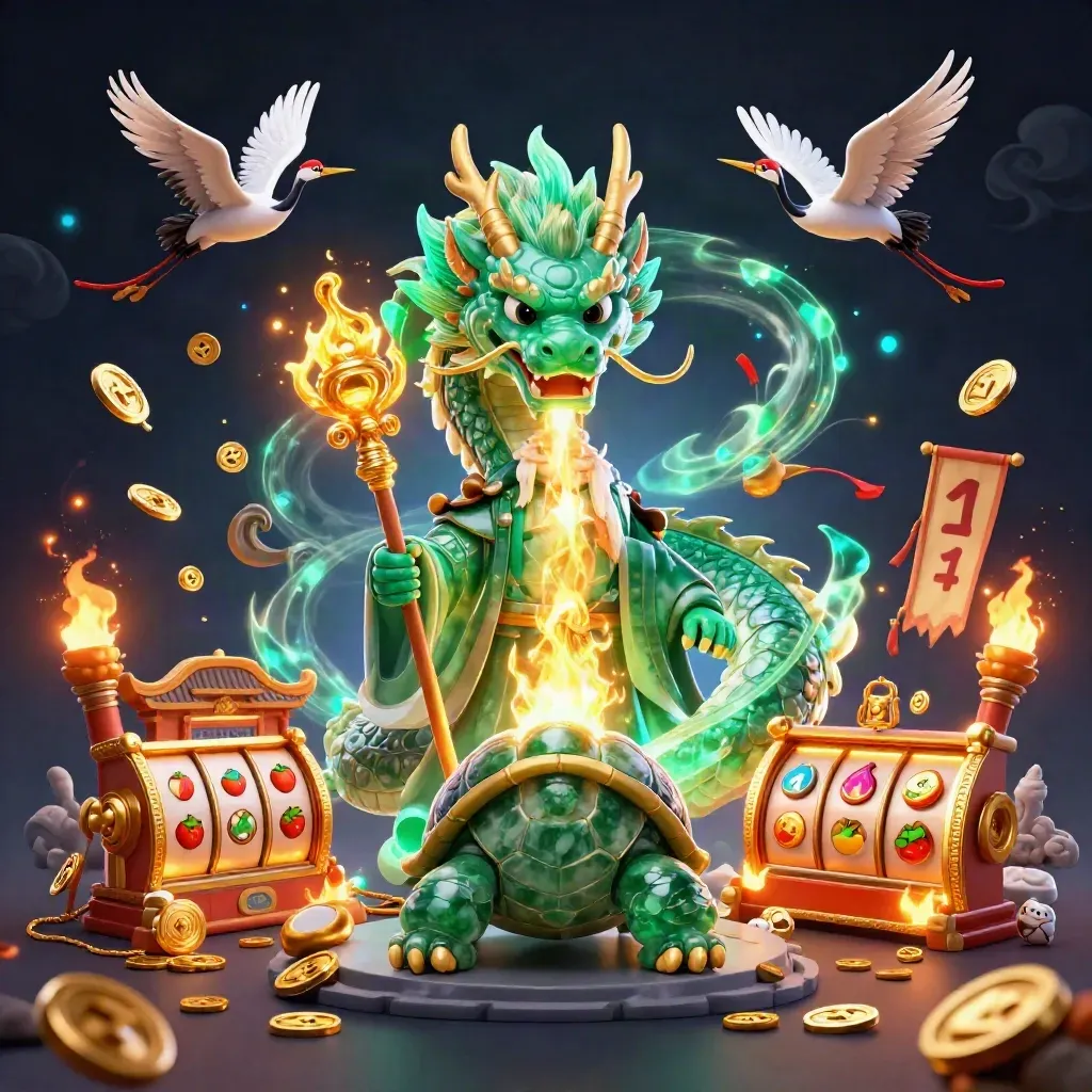 Emerald dragon, turtle sage, and cranes burst gold fire and casino gems in a neon navy fantasy scene.