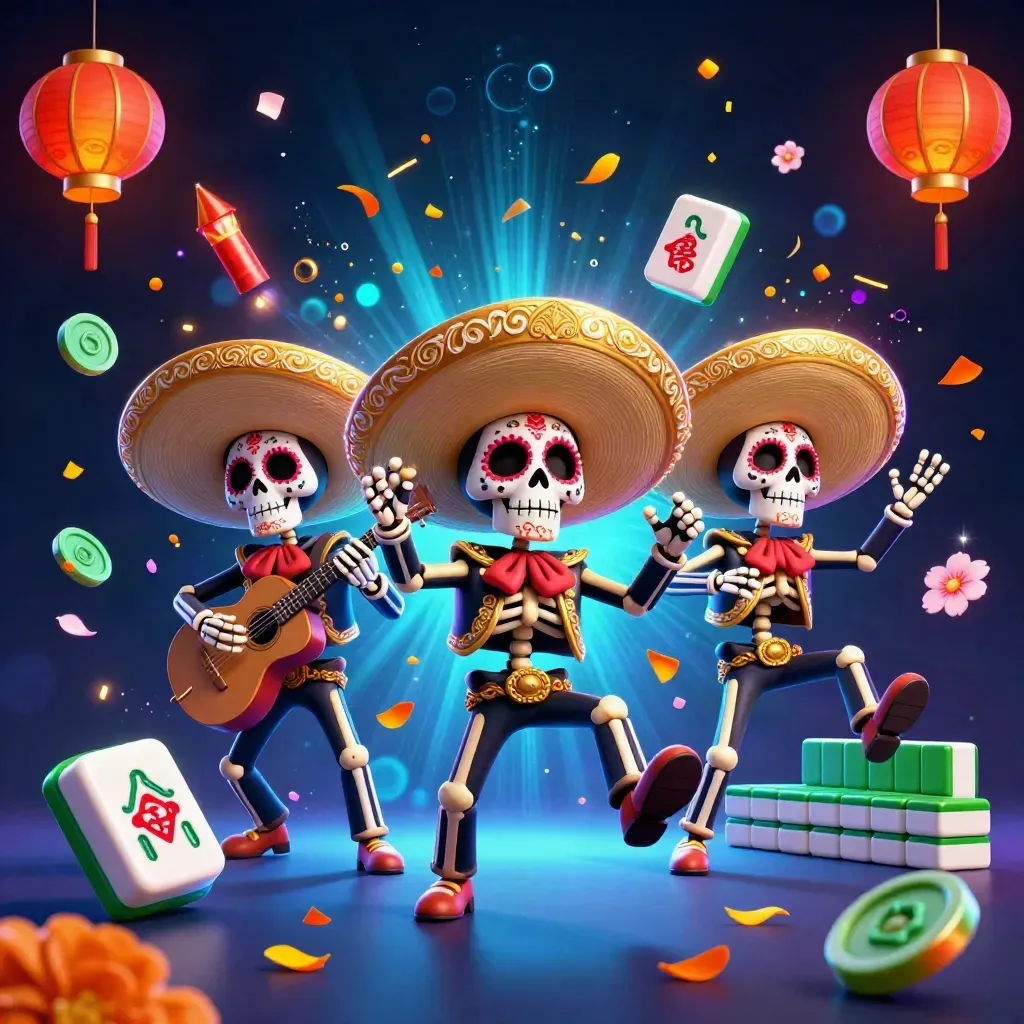 Skeleton mariachi trio amid lanterns, coins, petals and neon casino glow on a dark navy background.