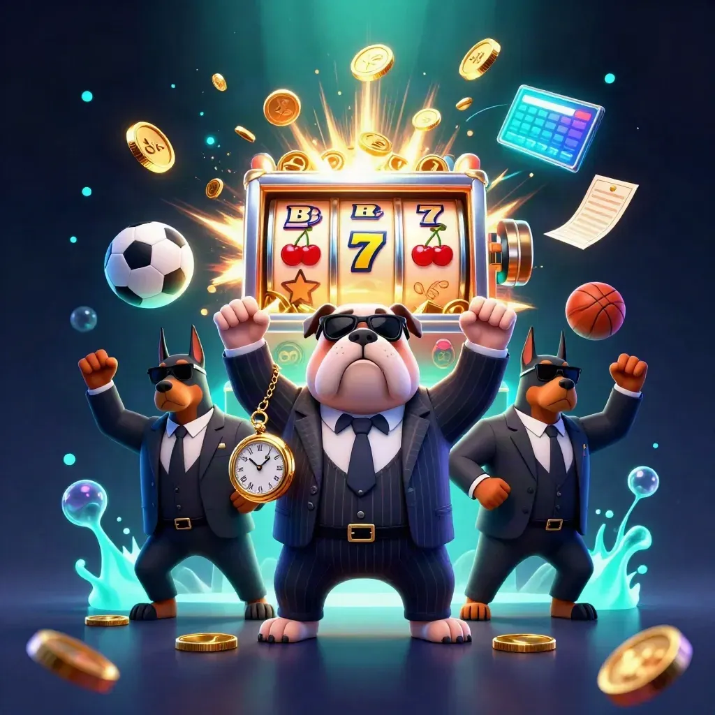 Bulldog boss and Dobermans amid slot machine burst, coins, dice, and casino glow
